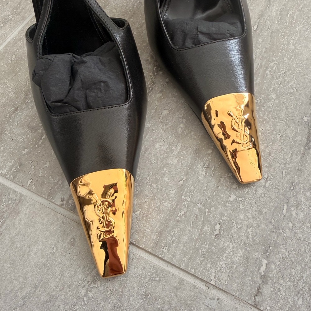 Brand New Saint Laurent Jeanne Black Slingback Heels with Gold Toe Accent - Picture 7 of 15